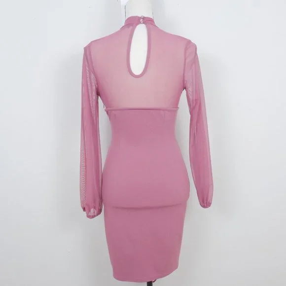 Iris Mauve Pink Sheer Mock Neck Long Sleeve Corset Lace Up SZ S Sexy Y2K Dress - Picture 14 of 14